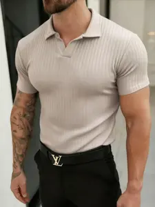 Men's Casual Fashion Polo Shirt, V-Neck Vertical Striped Short Sleeve T-Shirt, New Arrival 2026, Stylish and Comfortable