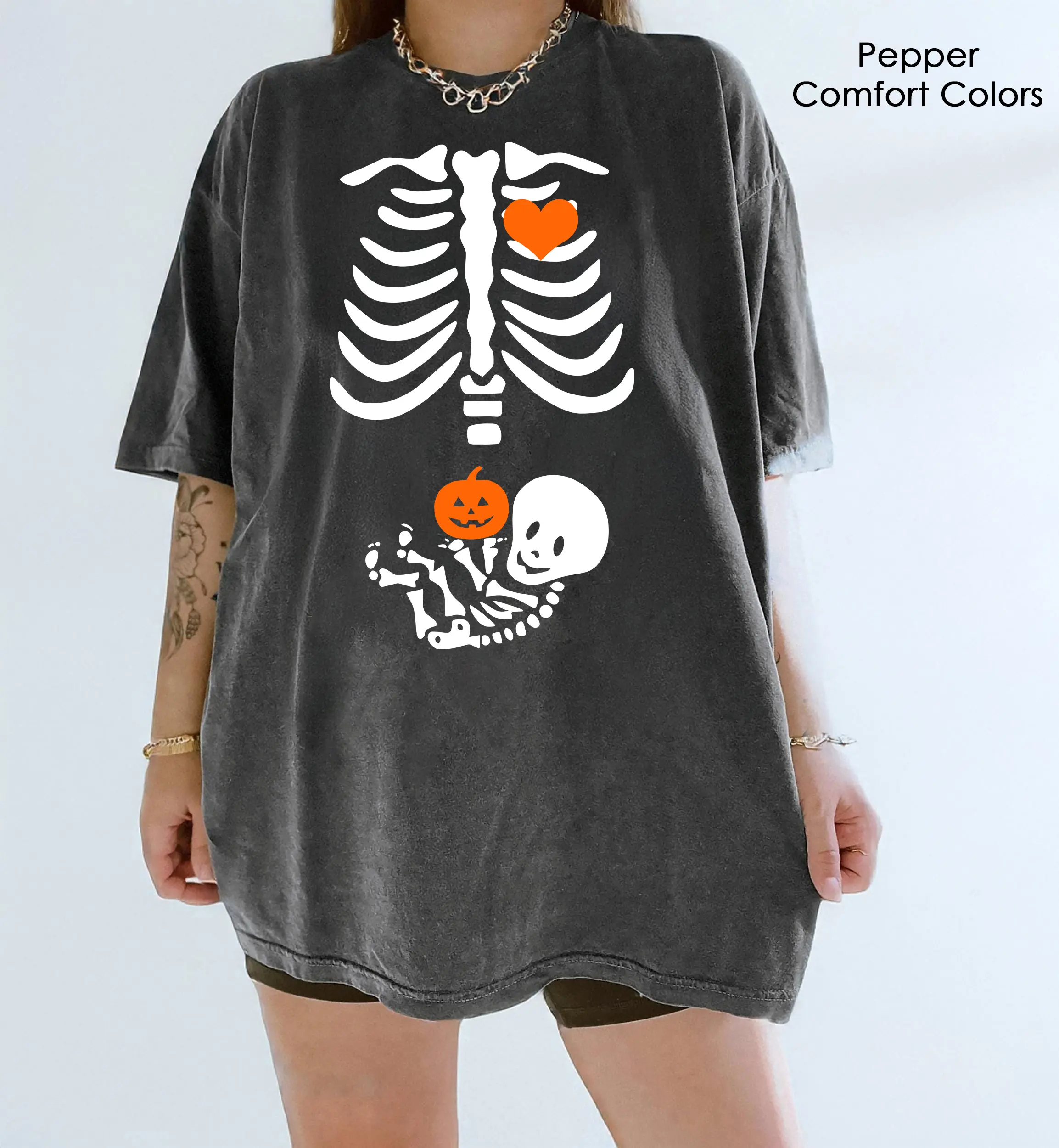 Pregnant Skeleton Shirt, Pumpkin Skeleton Baby Halloween Maternity Shirt, Pregnancy Mom Gift Maternity Shirt With Baby Skeleton