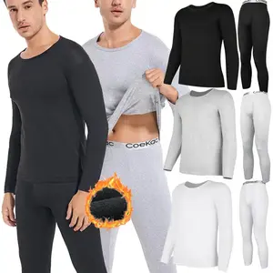 1-2 Pack Menswear Breathable Comfortable Lightweight Fleece Lined Thermal Underwear Long Johns Tops and Bottom Winter Sets Casual Knitted Spandex Soft Fabric Stretch Round Neck Sweat Activewear Plain