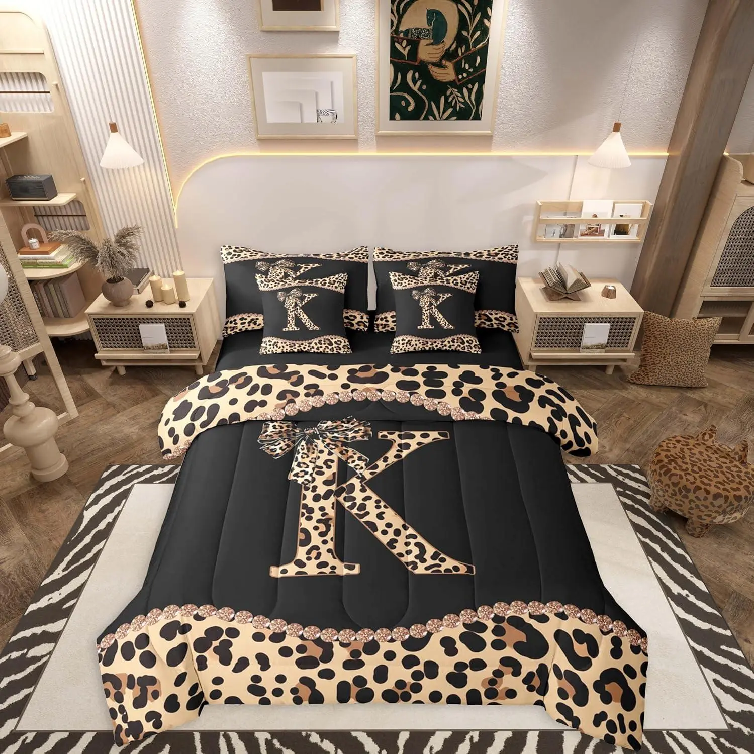 Feelyou 7-Piece Microfiber African Cheetah Bow Leopard Print Quilt Bedding Set - Queen Bedding Sets for Women, Modern Trendy Coquette Style Alphabet Initial Bedroom Decor, Microfiber Bedding Set
