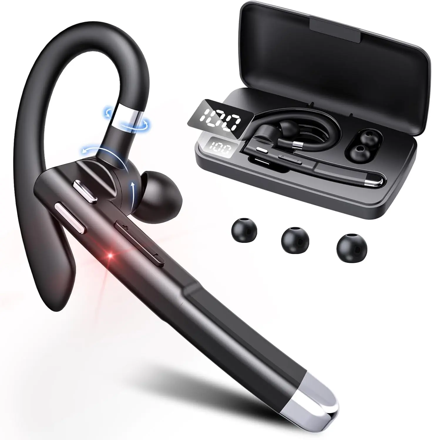 2026 Wireless Bluetooth Headset with 500mAh Charging Case, 100Hrs Playtime Wireless Headset with Noise Cancelling Mic, Hands-Free Single Ear Earpiece Headphones for Office Trucker Driving Business, Black