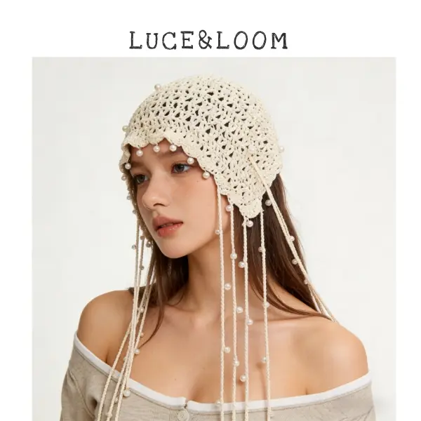 Boho Summer Hand‑Crocheted Hollow Hat with Pearl Tassels, Lightweight Breathable Beach Vacation Bohemian Crochet Headwear for Women