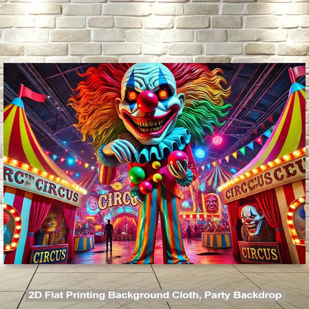 1pc 2D Flat Circus Clown Carnival Party Backdrop with Pennywise - Inspired Clown Face & Carnival Tent Design - Large Roll - Out Wall Hanging for Themed Events - Vibrant Print Clown Costumes Fa