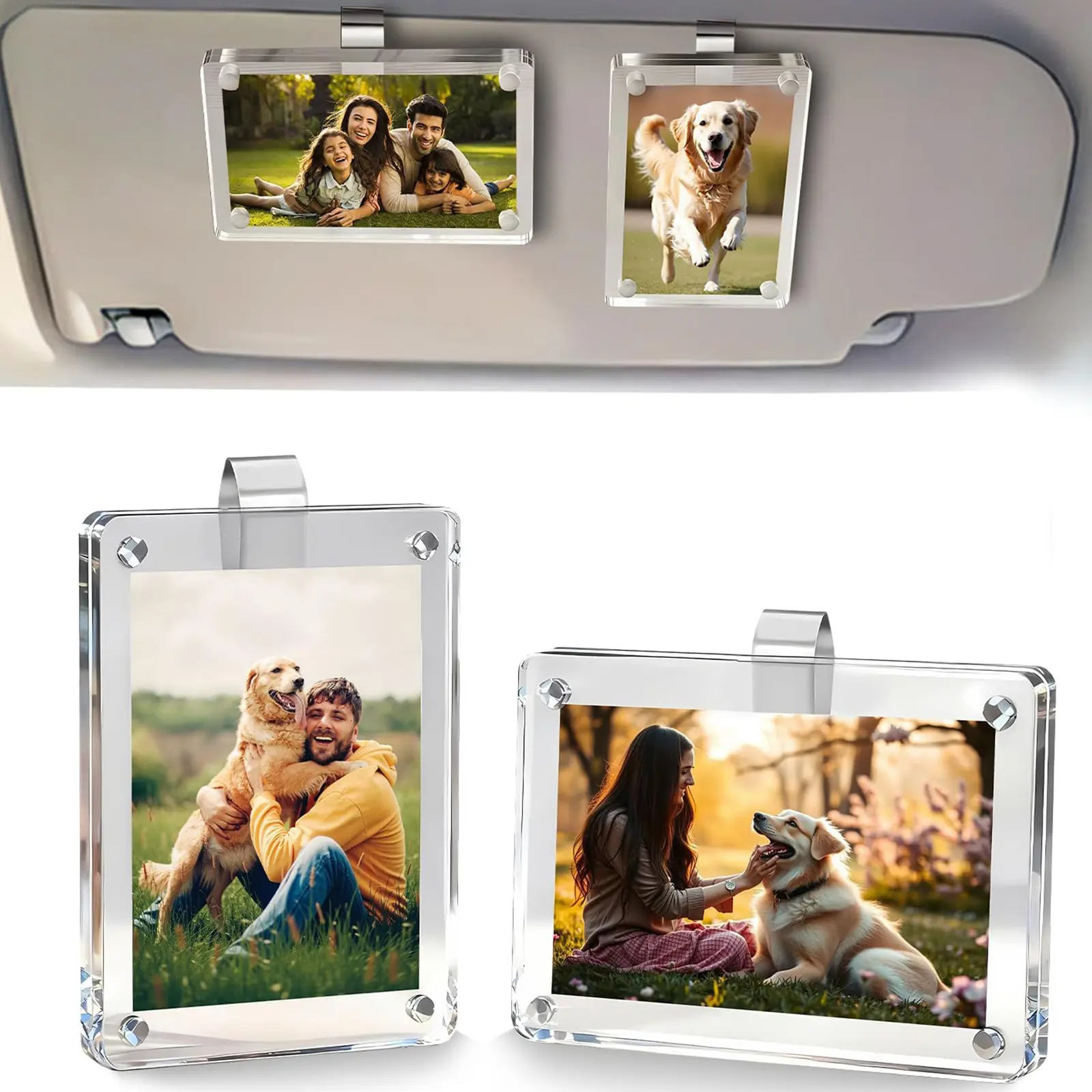 【Father's Day Gift】2-Pack Magnetic Car Sun Visor Photo Clips Clear Acrylic Display Frames for Personalized Family Pet Photos Easy to Clip Driver Gift