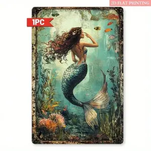 Aluminum Mermaid Wall Art Vintage Sign Print 8x12 Inch Ocean Underwater Fantasy Artistic Retro Décor Ocean Inspired Design Vintage Decor for Home Bar Cafe Nautical Themed Home