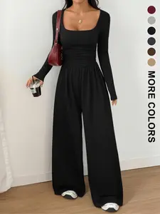 Women's Spring Autumn Winter Knit Plain Wide Leg Elastic Waist Jumpsuit, Casual Fitted Fashionable Simple Versatile One-Piece Pants