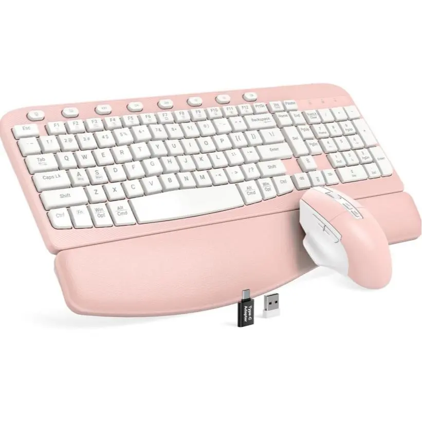 SABLUTE MA12 Ergonomic 2.4G Keyboard Mouse Set, Wave Keys, Leather Palm Rest, Silent Mouse, 8 Hotkeys, USB-A/Type-C for PC Laptop (Non-Bluetooth), External Keyboard, Silent Keyboards