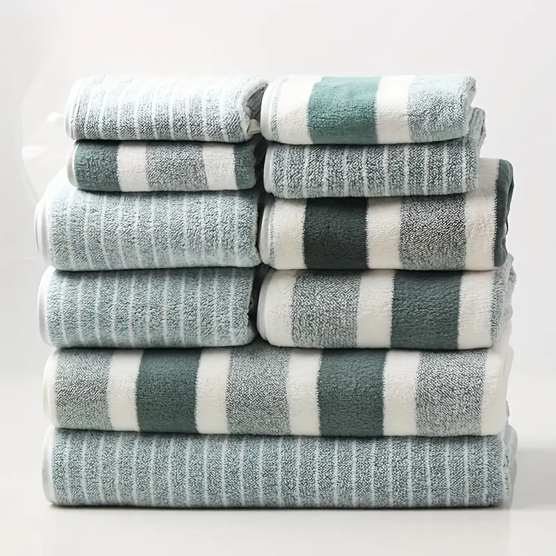 10 Pcs dark and light striped towel set, Bath towel sets (2 bath towels + 4 hand towels + 4 square towels), absorbent and quick-drying coral fleece towels, suitable for home showers, hotels, travel, Bathroom Towels, Super Absorbent Towel