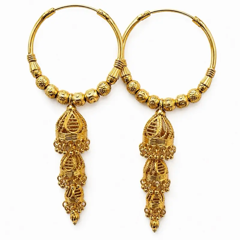 Women's Gold-Plated Traditional Bali-Inspired Layered Jhumka Earrings - Female Folk Earrings with Layered Metal Coating Hoops, Gold Aesthetic Dangles for Wedding Events, Layered Jhumka Design, Drop Earrings