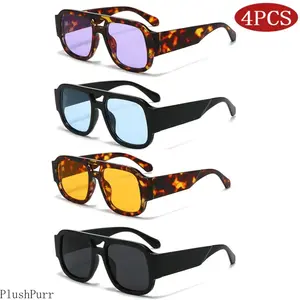 4-PACK Retro Large Frame Double Bridge Square Sunglasses - Women's Candy Color Wide Leg, Men's Polycarbonate PC Trendy Casual Vintage Polarized Sport Eyewear for Outdoor Activities, Trendy Casual Sunglasses, Vintage Trendy Sunglasses outdoorfun