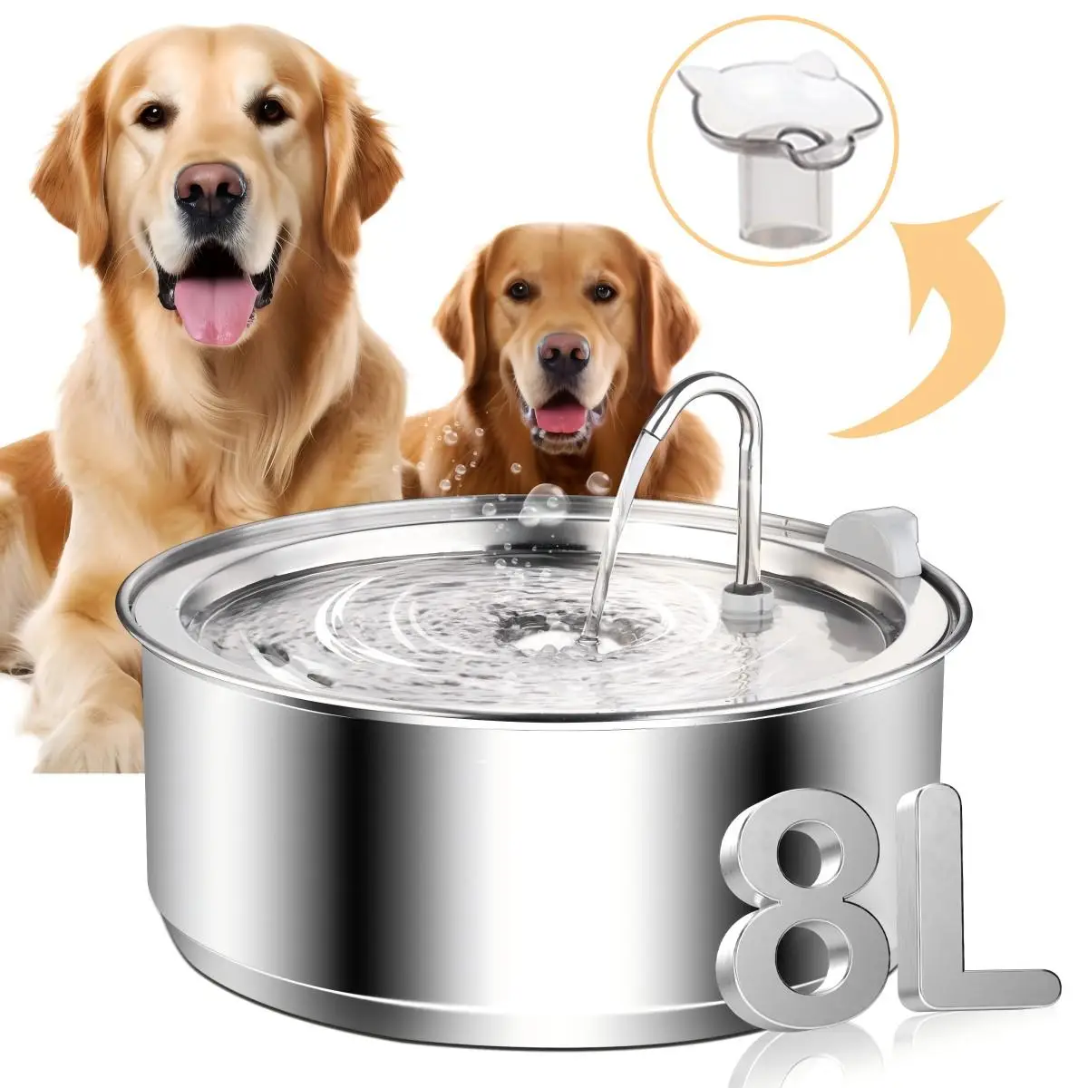 Stainless Steel Dog Water Fountain, 1 Set Ultra Quiet Water Pump with Triple Filtration, Great for Large Dogs Cats and Multi-Pet Home