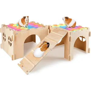 Guinea Pig Hideout, Guinea Pigs House with Stairs and Mats  Guinea Piggy Castle Detachable Hideouts for Small  Wooden Guinea Pig Habitats with Multiple Doors and Windows