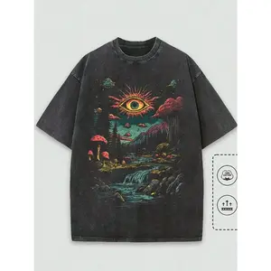 Summer T-Shirt, 230G Washed T-Shirt, "Fantasy Forest And Sun Eye", Pattern Printed T-Shirt, Wax Printed Cotton Thickness, Outdoor Activities, Great Gi y2k,soulja,concert,Halloween,Gothic,Vintage,Streetwear Graphic Y2K Streetwear Graphic Tee X6O