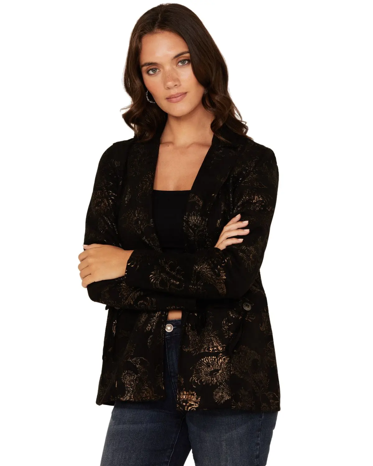 Shyanne Women's Women'S Metallic Printed Faux Suede Blazer - Swho24o56-Blk