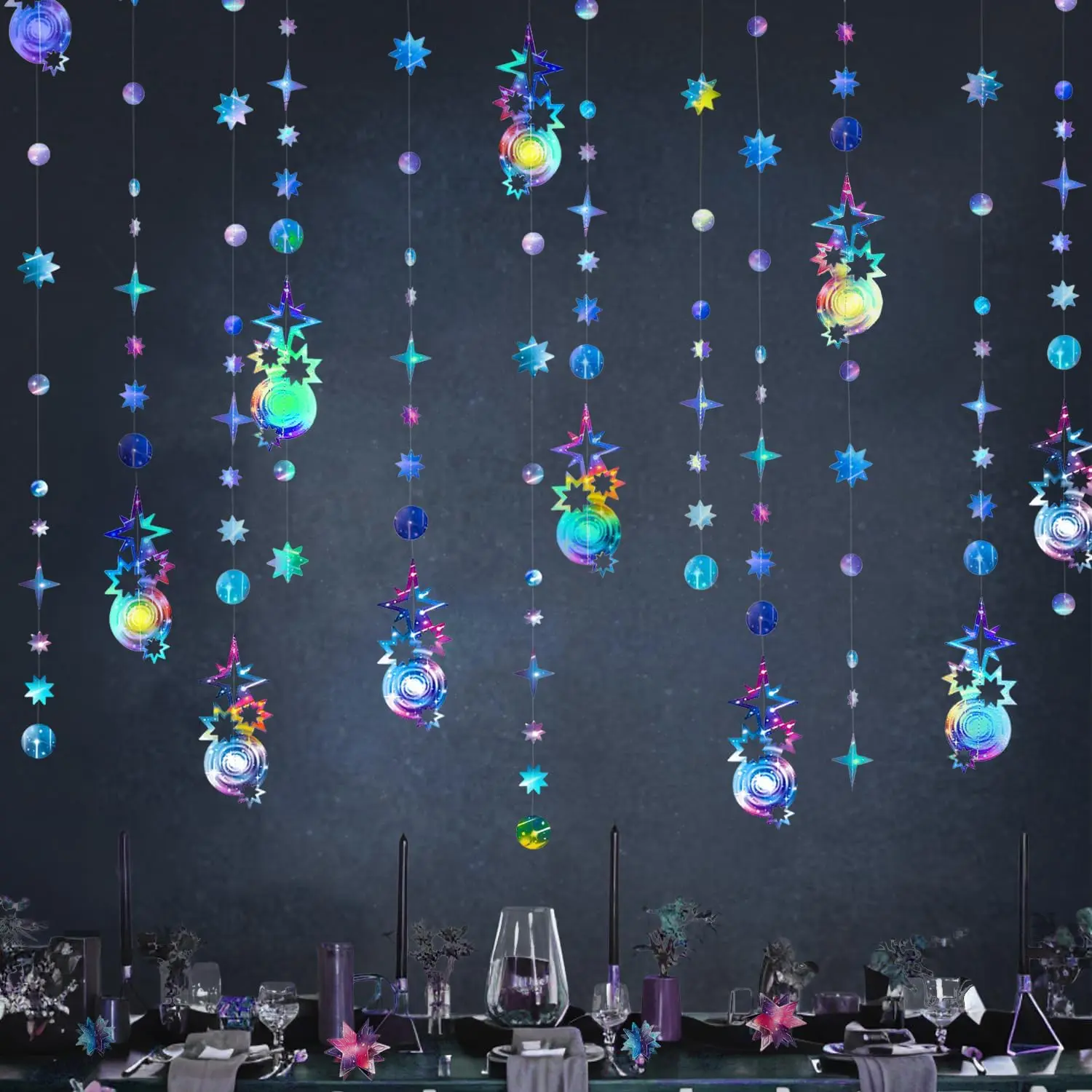 Iridescent Galaxy Party Decorations Kit - 80 Pcs 8in Stars and Galaxies, 8ft Garlands (32ft Total), Aurora Streamers, Space Banner, Starry Night Backdrop, Shooting Star Ornaments, Confetti for Engagement, Baby Shower Events