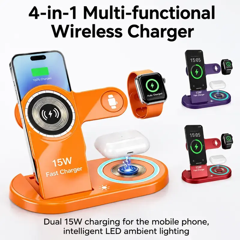 15W Dual 4-in-1 Wireless Charger Stand - LED Fast Charging Desktop Holder for iPhone 8-17 Pro Max, Smart Watches, Wireless Earbuds