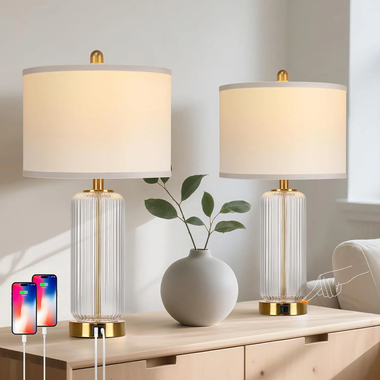 Table Lamps Set of 2 with Touch Control, 27" Modern Glass Bedside Lamps with USB A+C Ports, 3-Way Dimmable Nightstand Lamp with Vertical Grained Glass, Bedside Table Lamps, Desk Lamp for Bedroom