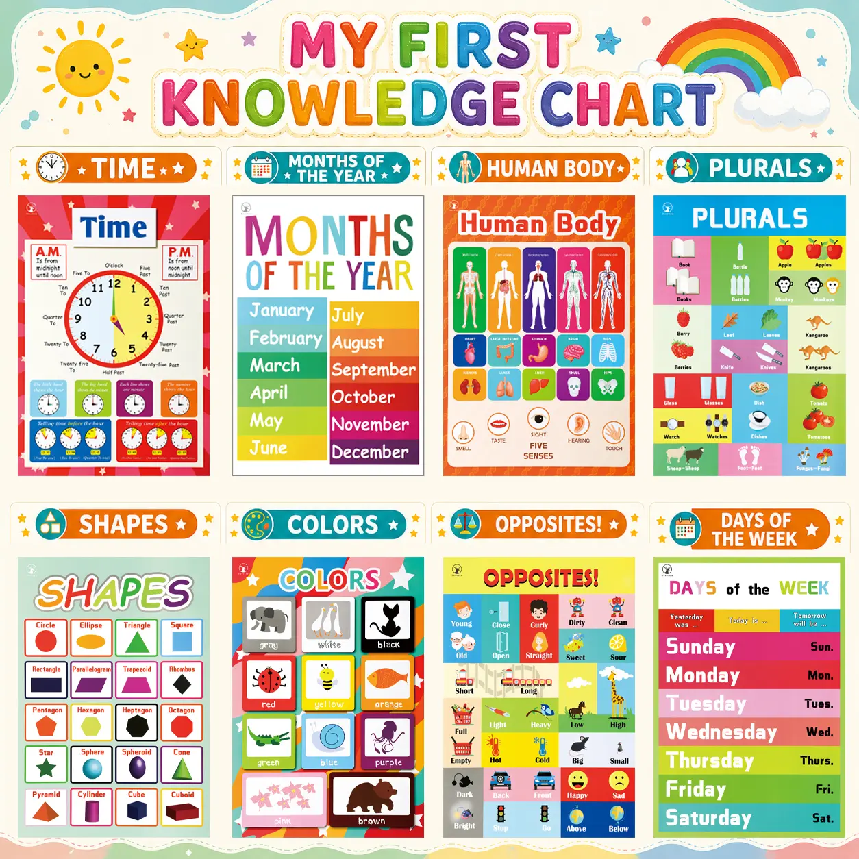 DeerSen Bright 18-Pack Preschool Educational Posters (1-6 Years) - Waterproof, Fun Layout, Toddler Learning Activities, Back to School Haul Office Stationery Decor with 18 Topics: Numbers, Shapes, Animals, Body Parts, Days, Months, Family Items, Classroom