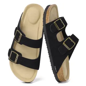 Women's Sandals Double Buckle Open - Toe Slides | Cork Insole with Adjustable Straps Beach Sandals