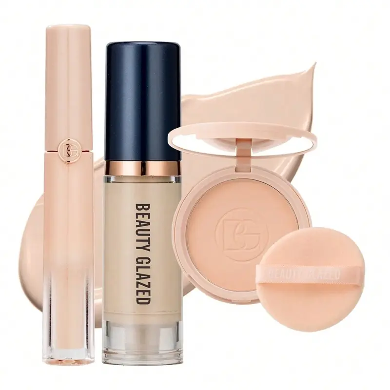 Beauty Glazed 4-in-1 Alcohol-Free Nourishing Full Face Base Makeup Set - Primer, Foundation, Isolation Cream, Semi-Concealer, Matte Loose Powder, Moisturizer, Moisture-Boosting, Glossy, Flawless Natural Base for Workdays, Dates, Easy Glam Makeup Products