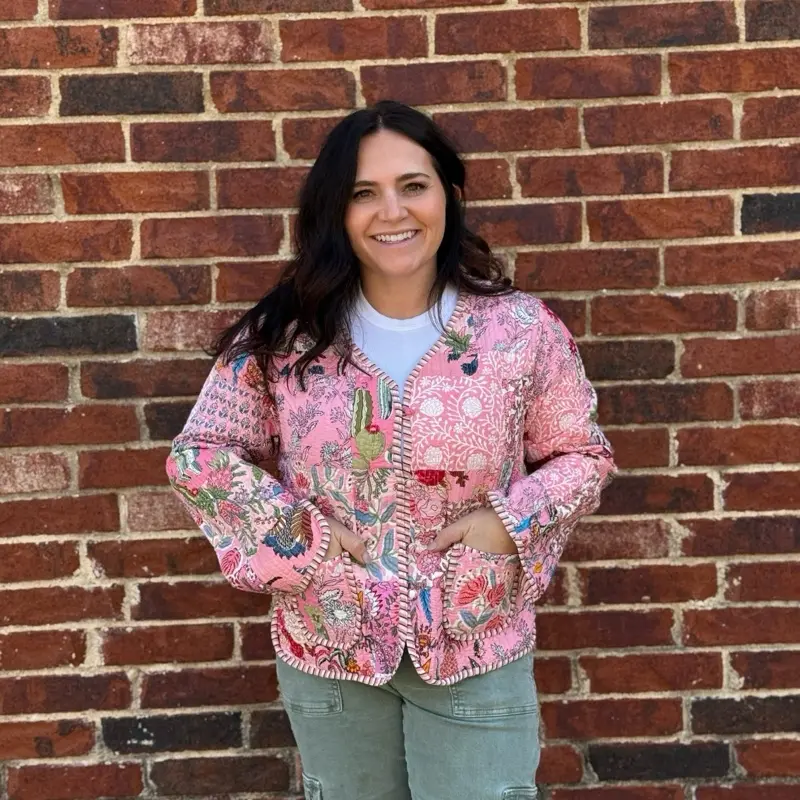 Carolina Jacket with v neck collar - Pink Cotton Floral Print Women's Reversible Button-Up Outerwear with Pockets Long Sleeve Casual