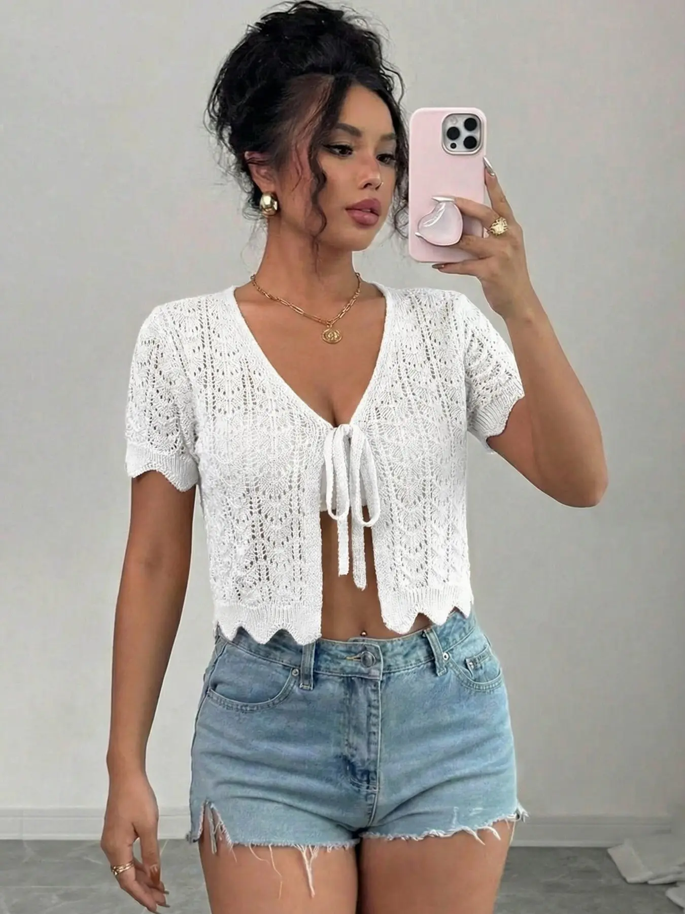 Summer Knitted Knitwear Cardigan with Bow Tie Knot Hollow Out Short Sleeve, Beach Vacation Crop Top, Thin Plain Chic Lightweight Breathable Casual Style Outerwear for Women, Cropped Cardigan Sweater, Breathable Knit Clothing, Womenswear