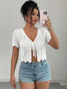 Summer Knit Cardigan with Bow Tie Knot Hollow Out Short Sleeve, Beach Vacation Crop Top, Thin Plain Chic Lightweight Breathable Style Outerwear for Women
