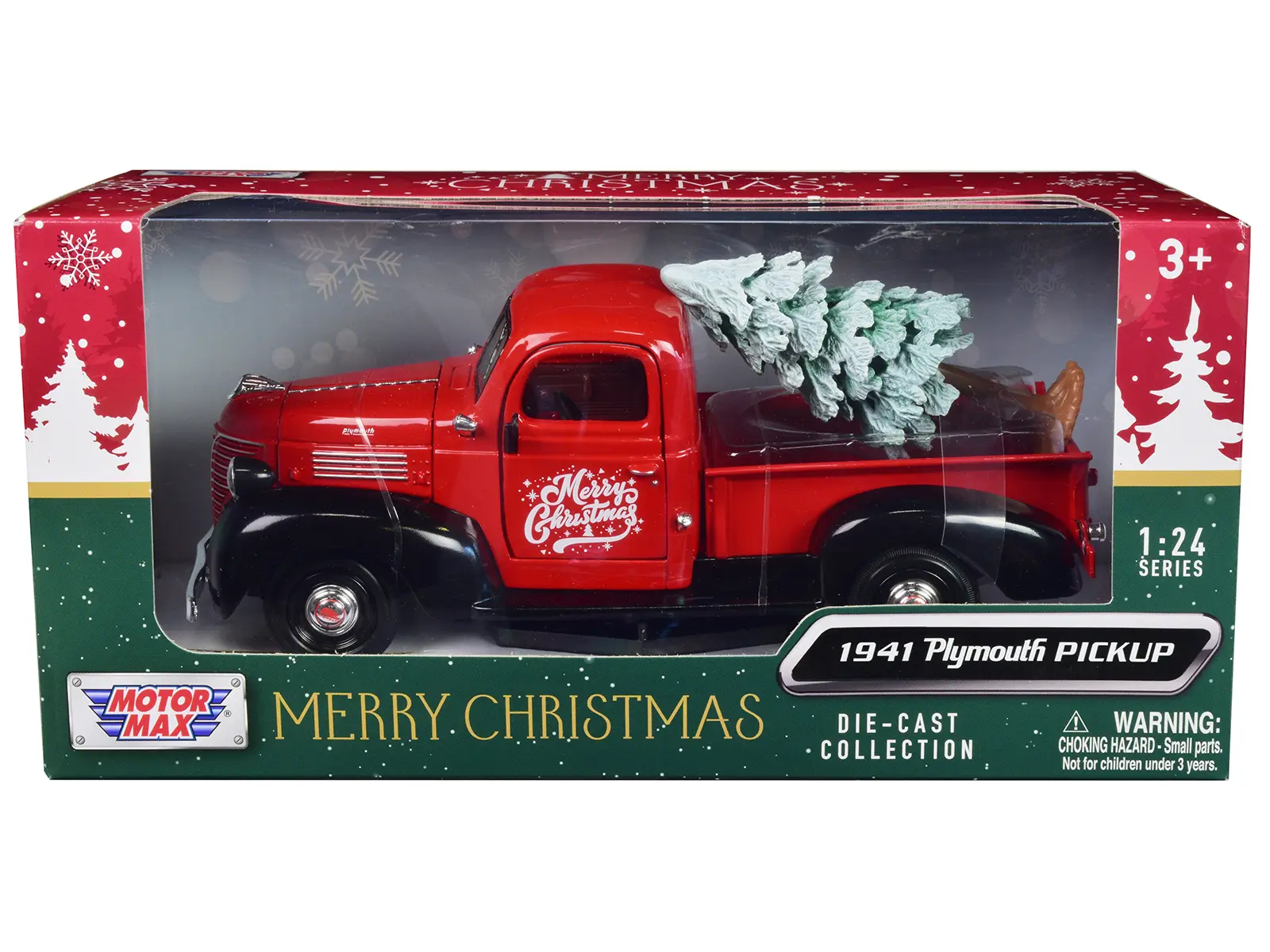 1941 Plymouth Pickup Truck Red and Black "Merry Christmas" with Tree Accessory 1/24 Die Cast Model Car by Motormax