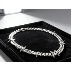 Unisex Durable Barbed Wire Cuban Chain Necklace - Fashion Hip Hop Punk Gothic Jewelry, Versatile Long Accessory for Casual & Formal Wear