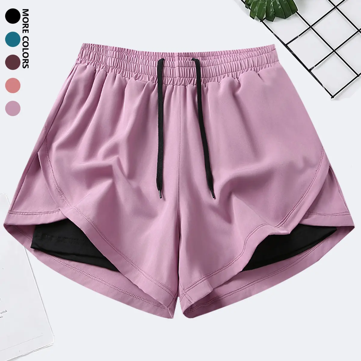 Women’s summer quick-dry casual running/fitness shorts, faux two-piece design, breathable polyester spandex knit fabric, elastic drawstring waist, suitable for workouts and leisure runs.,summerwins,travel essentials,camping essentials