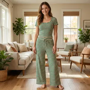 HAOROSE Striped Two-Piece Pajamas Soft Stylish Premium Rayon Fabric Flattering Design Inclusive Size Range S to 2XL Perfect for Lazy Days - Clothes