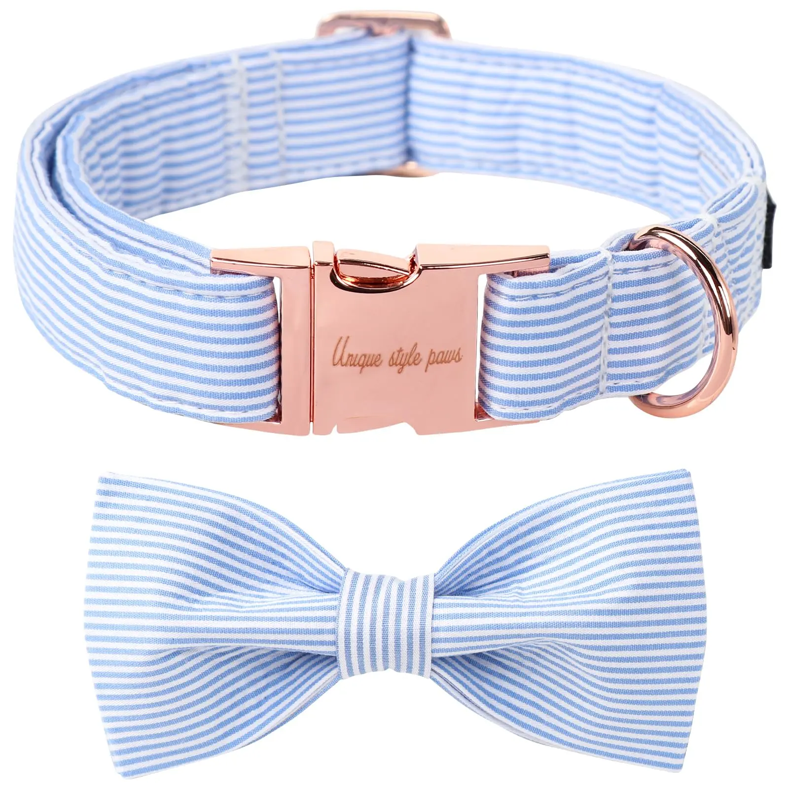 Dog & Cat Cotton Collars - Stripe Pattern (Blue & Pink), Multi-Size, Quick Release Buckle, Detachable Bowtie, Double Box Stitching, Soft Comfy, Hand Wash Only, Non-Customized, Easy Cleaning for Small/Medium/Large Pets, Handcrafted Bowtie Detail, Anti-Slip