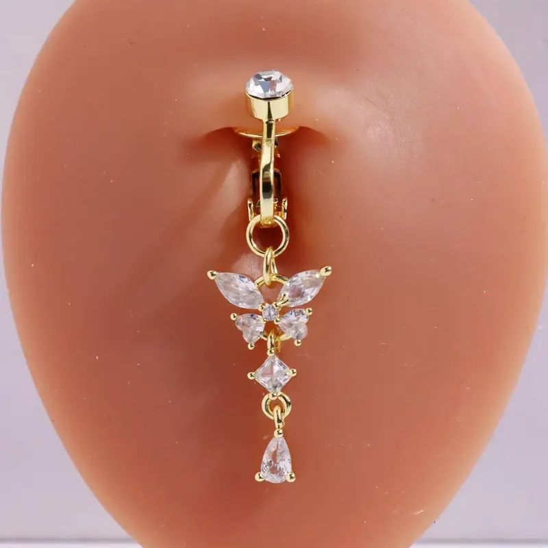 1pc Fake Piercing Navel Belly Ring Non-Piercing Cubic zirconia Butterfly Fake Belly Button Piercing Clip On For Women's Body Jewelry Stainless Steel Jewelry Suitable For Daily Wear By Women Clip On Belly Button Rings