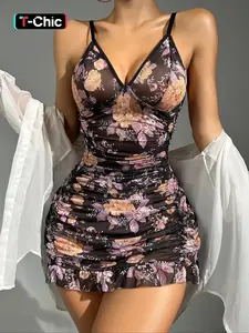 Women's Floral Print Ruched Ruffle Hem Cami Nightdress, Elegant Adjustable Spaghetti Strap Backless Nightgown, Soft Comfortable Sleepwear for Women
