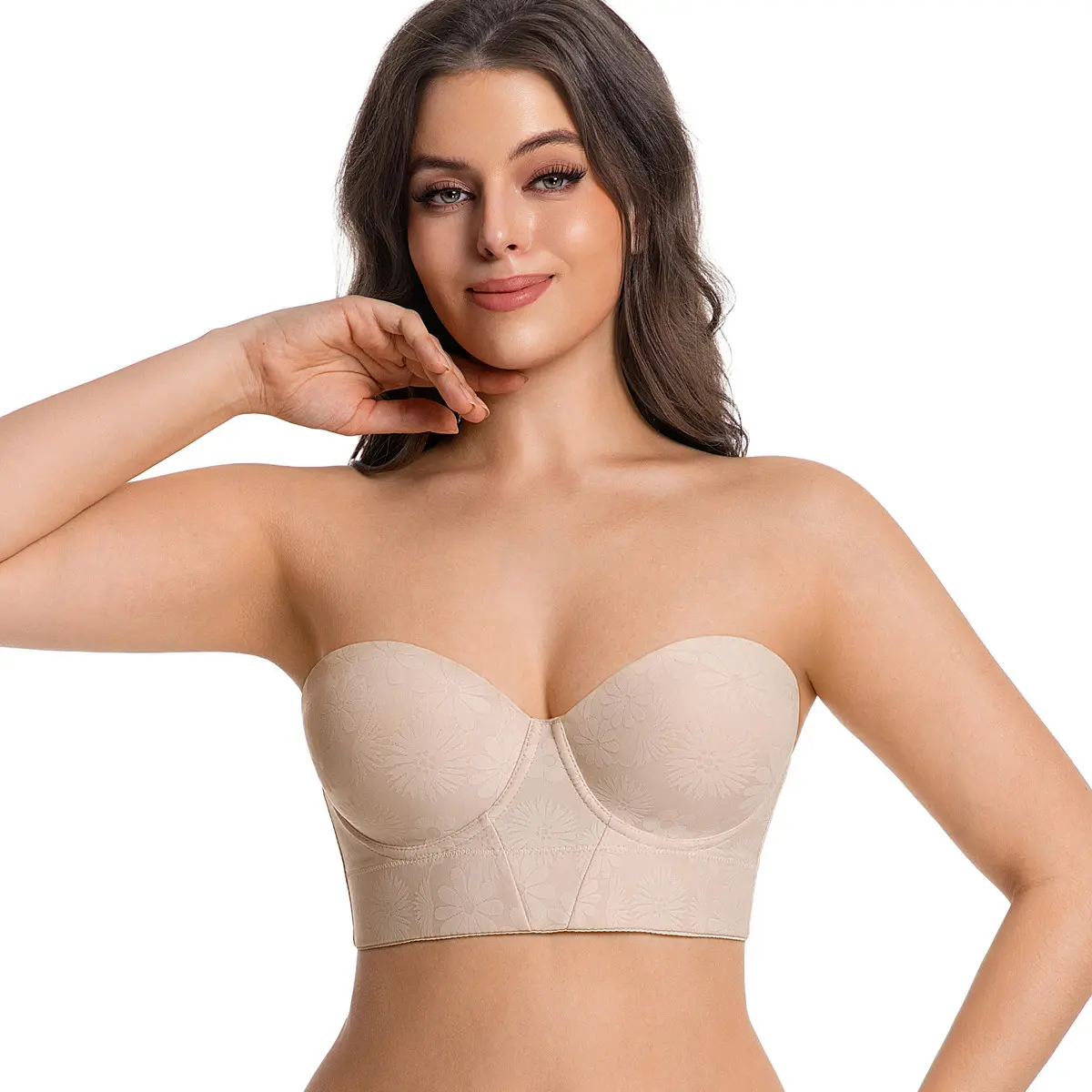 Strapless Longline Half Cup Corset Bra Longline Corset - Adjustable, Lightlined, Grippy, Supportive for Plus Size Full Bust/Full Figure Women - Hand Wash Only, Elegant Blossom Daisy Spring Statement Strapless Bras