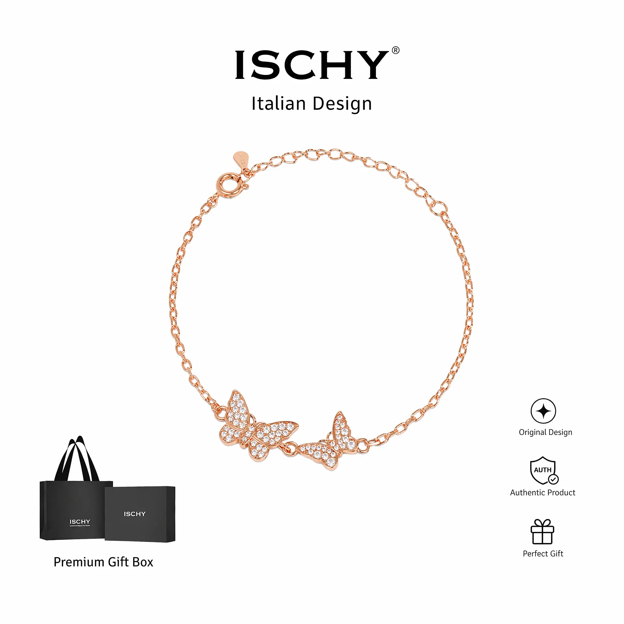 iSchy Butterfly Bracelet for Women, Double Locking Clasp Charm Link Chain Jewelry for Anniversaries and Birthdays