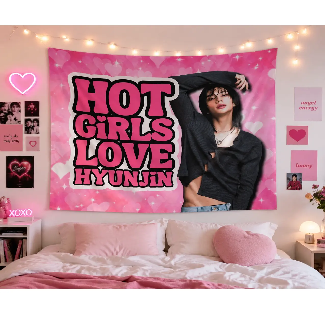 2D plane, 1 piece SKZ Hyunjin spicy girl love Hyunjin concert banner - Starry Design polyester tapestry, suitable for K-pop fans, birthdays and concerts, K-pop souvenirs. Brightly printed quality, durable polyester.