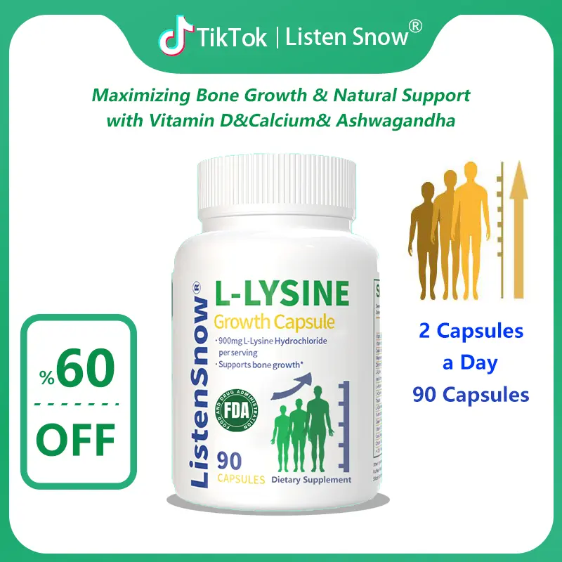 Listen Snow Growth Capsules - L-LYSINE & Calcium Blend for Enhanced Bone Development and Stature Support - Natural Supplement