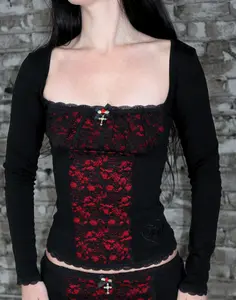 Lucy Black Long Sleeve Top with Lace Detail, Cross Charm, and Embroidery