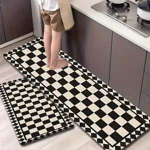 Flannel Kitchen Mat Set, Chessboard Classic Pattern, Vintage American Style, Non-Slip Bottom, Absorbent, Kitchen Runner Rug, Farmhouse Kitchen Rug
