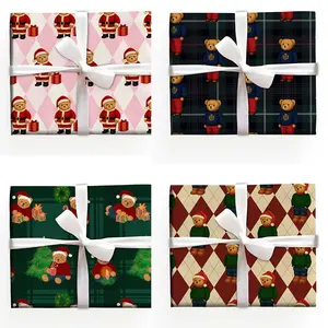 Teddy Bear Christmas Wrapping Paper, Vintage Unique Gift Wrap Paper for Xmas, Dark Plaid Wrapping Papers, Funny Holiday Presents