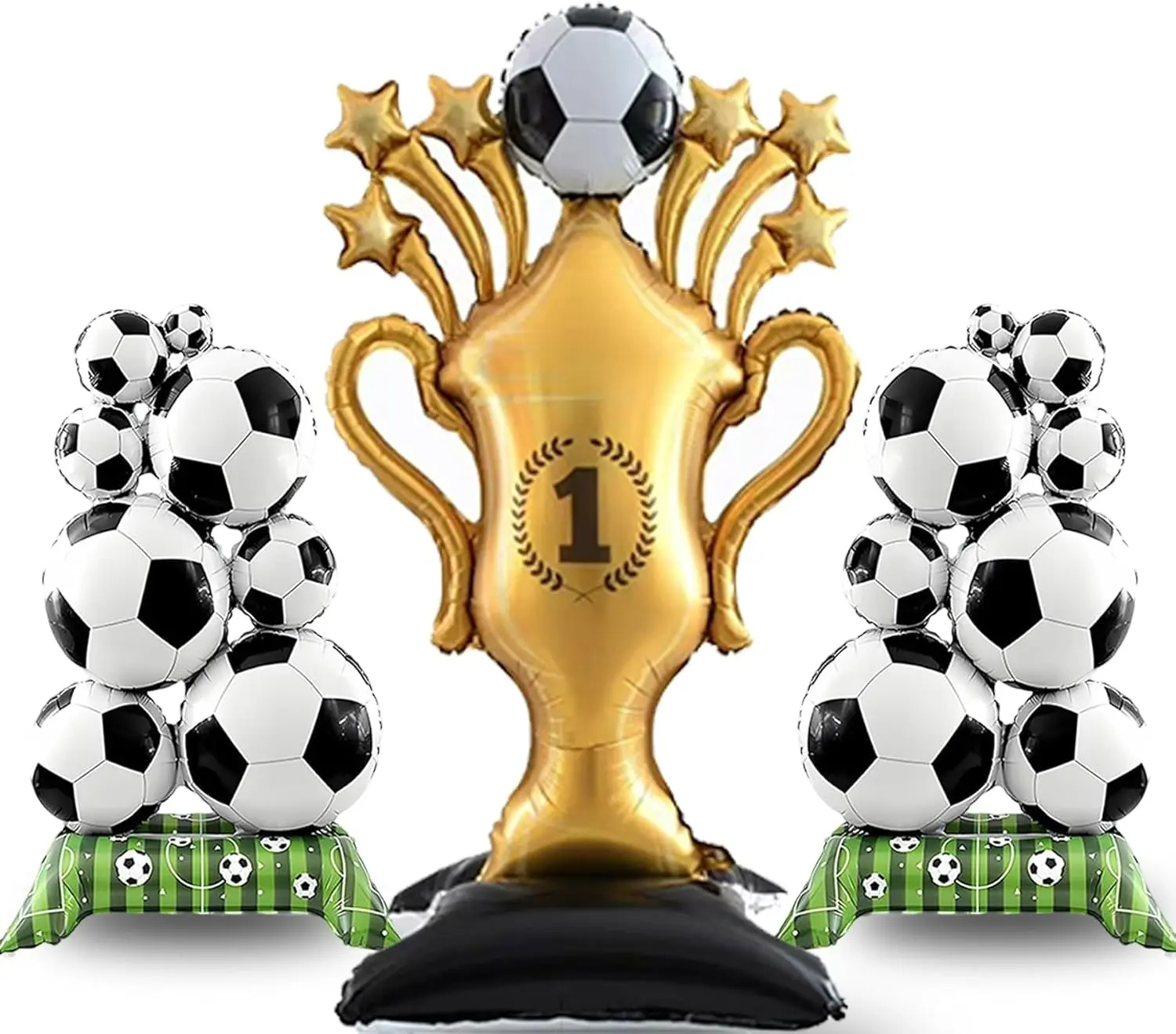 3Pcs Self-Sealing Soccer Decor Set - 59In Large Standing Piece, Champion Trophy Accents for Soccer Birthday Theme Party Supplies