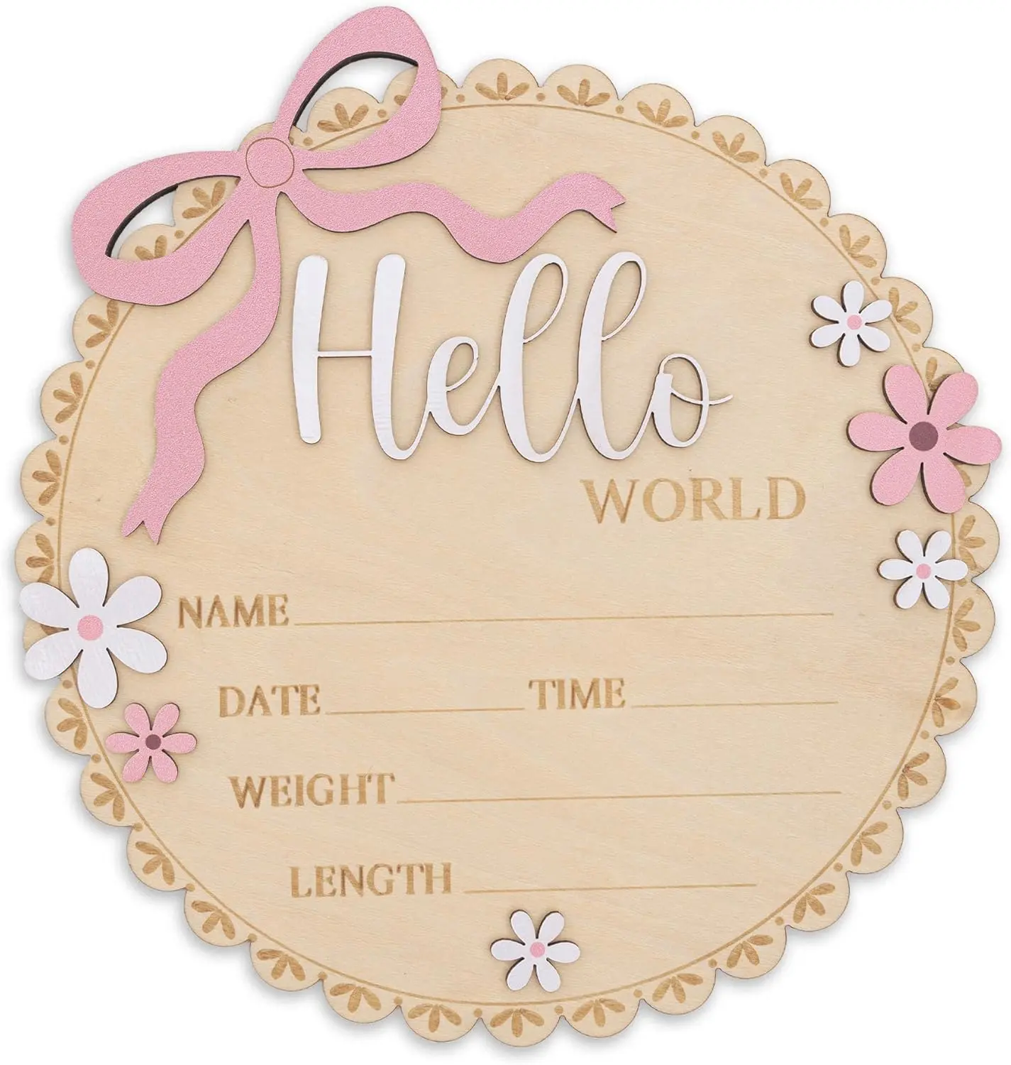Hello World Wooden Baby Birth Announcement Sign, Newborn Name Date Time Weight Length Board, Baby Girl Nursery Decor Photo Prop Keepsake
