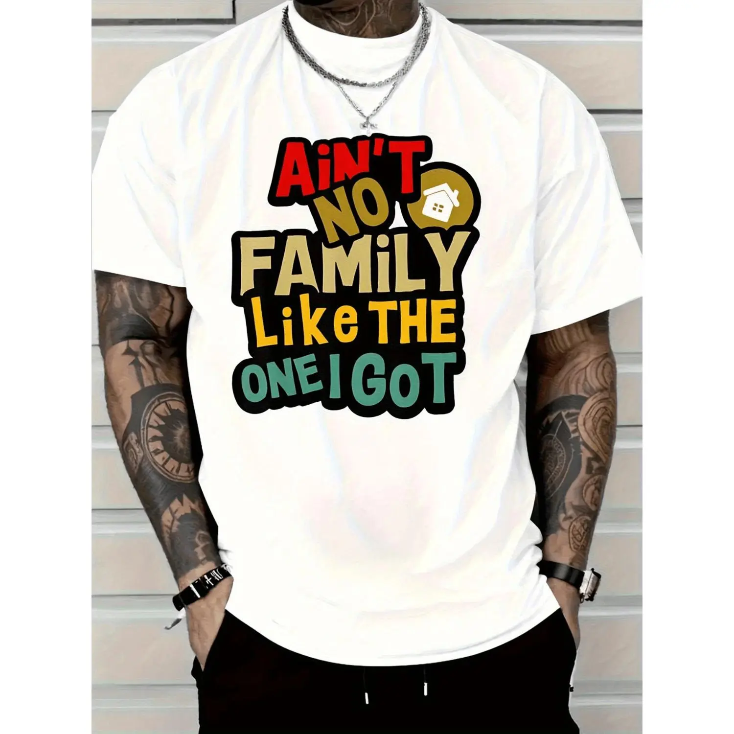Men'S Graphic T-Shirt - Ain'T No for family Like The One I Got | Colorful Text Print In Red, Yellow, Green, Brown, Black On White, Heavyweight 100% Crewneck Tee For Family Gatherings, Casual Attire, Machine Washable, Short Sleeve, All-Season