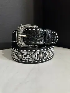 Beaded Aztec Leather Belt RHC-2037 - 2” Beaded Design, High-Cut Style, Durable and Versatile Accessory for Men