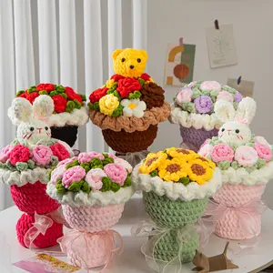 Handmade Crochet Flower Bouquet with Cute Bunny & Bear - Everlasting Yarn Flowers, Perfect for Valentine’s, Mother’s Day, Birthday, Home Decor