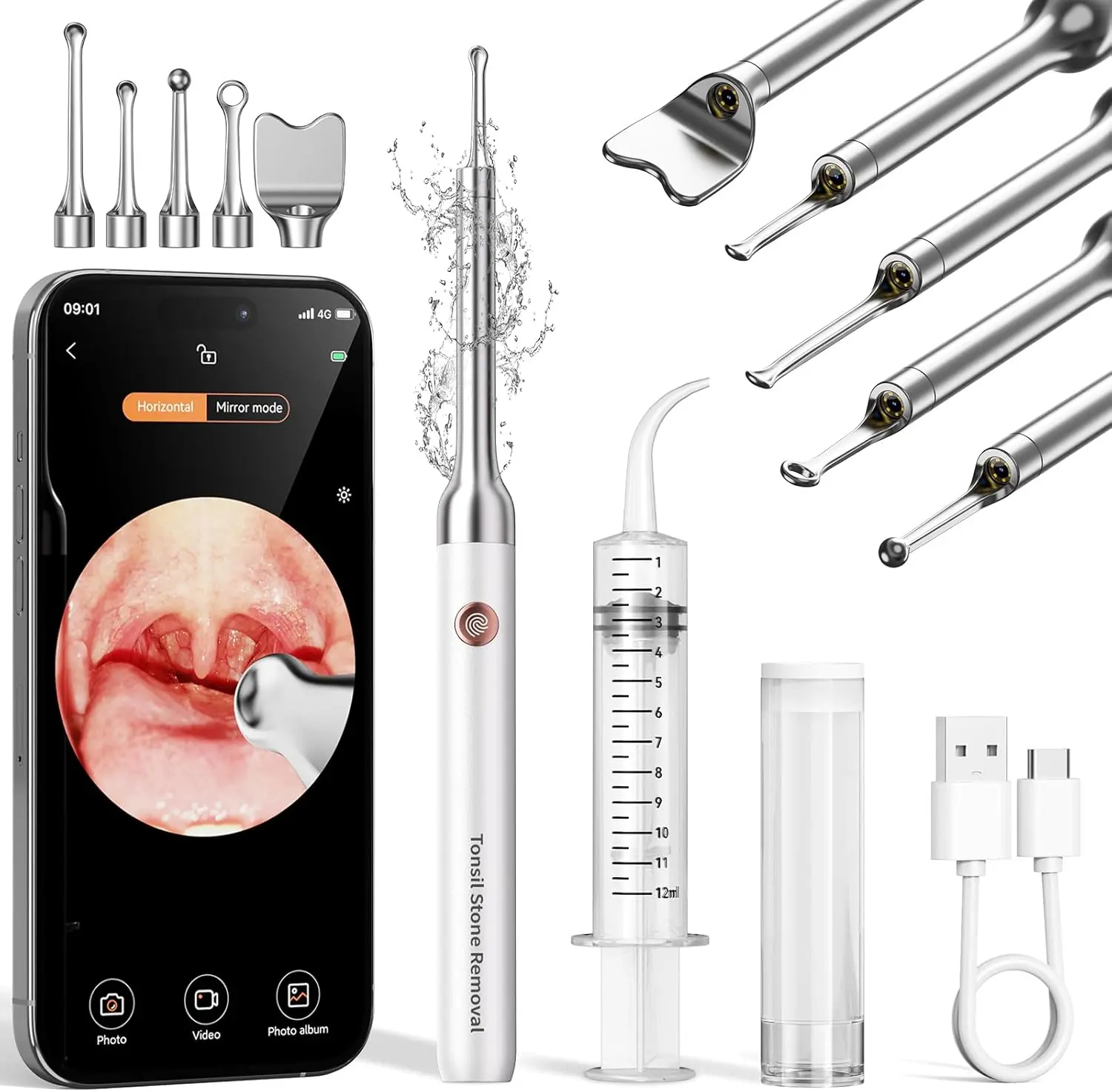 2026 Upgraded Electronic TonsilStone Remover Tonsil WiFi-Connected foriOS Android Camera-Assisted 5 in 1 TonsilStone Remover Kit for At-Home Use with1080P HD Visualization & 6 Adjustable LEDs-Ear Irrigation System