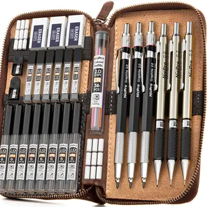 Nicpro 6Pack Art Mechanical Pencils Set in Leather Case, Metal Drafting Pencil 0.5, 0.7, 0.9 mm, 2mm Lead Pencil Holders with 15 Tube (4B 2B HB 2H 4H)Lead Refills (Black &Colors)