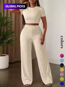 Women's Casual Basic Short Sleeve Top & Wide Leg High Waist Pants Set, Womenswear, Pure Color Summer, Comfortable Daily Wear, Stylish Fashion Ensemble, Style