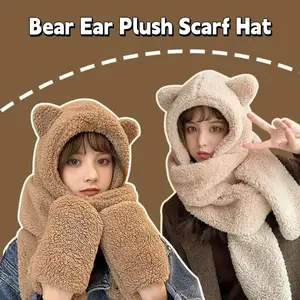 Unique 3 in 1 Bear Ear Plush Beanie Earmuffs Thickened Plush Scarf Hat Gloves Ear Protection Warm Fleece Scarves Hat Autumn